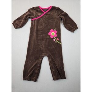 Carter's Brown Velour Romper 24M Pink Trim Flower Appliqué‎ Long Sleeve